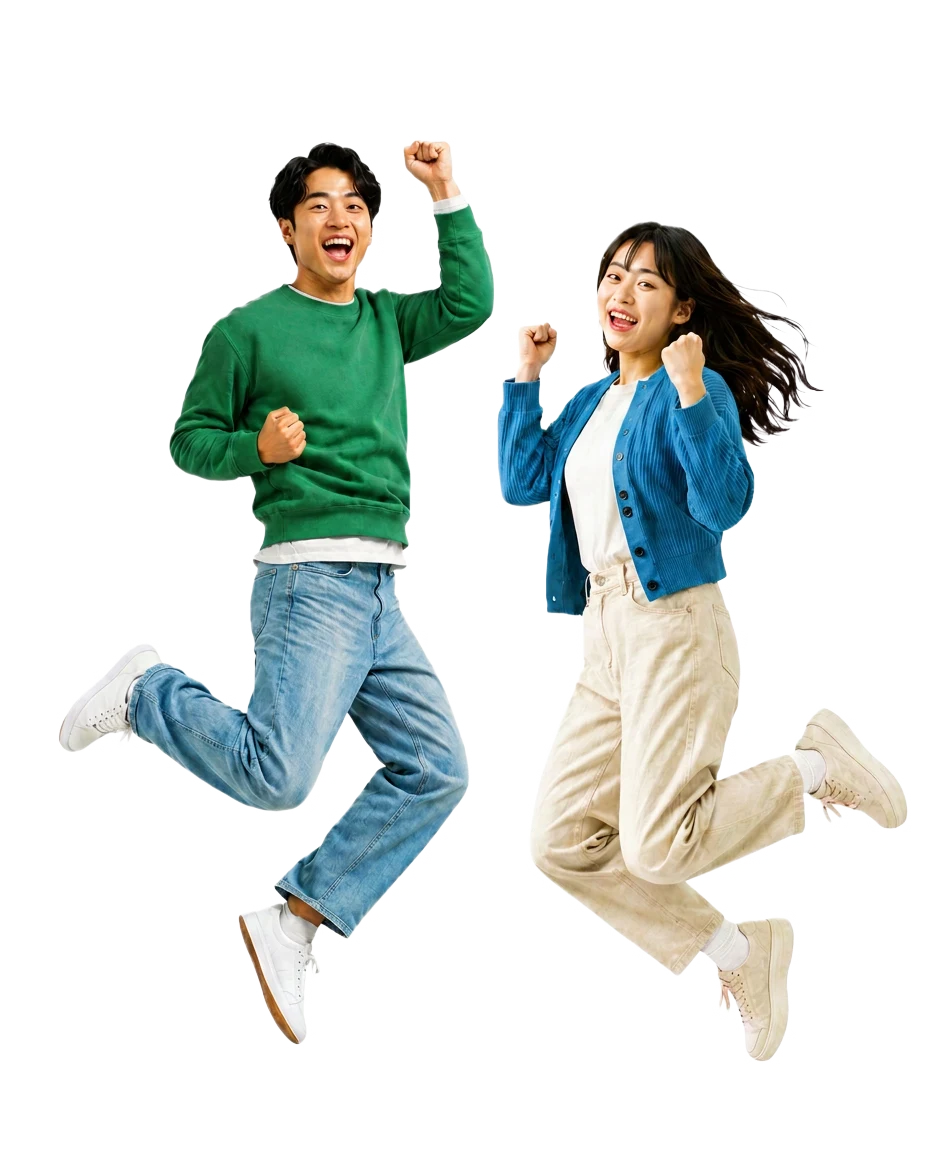 ジャンプして喜ぶ2人の学生
